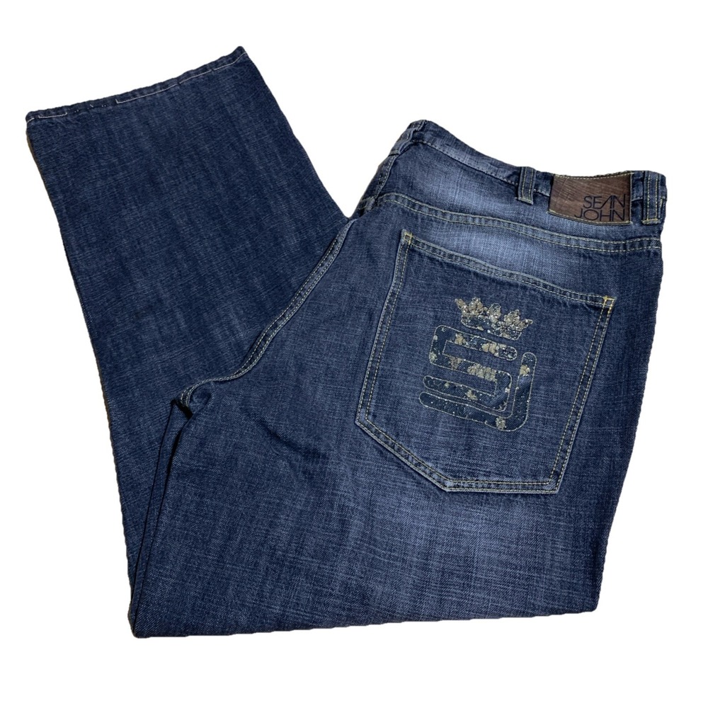 Sean John Jeans Mens 40x29 Black Dark Wash Cotton Blend Baggy Y2K Original Denim